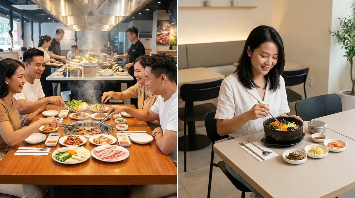So sánh trải nghiệm buffet nướng đông vui bên trái và gọi món lẻ nhẹ nhàng bên phải.
