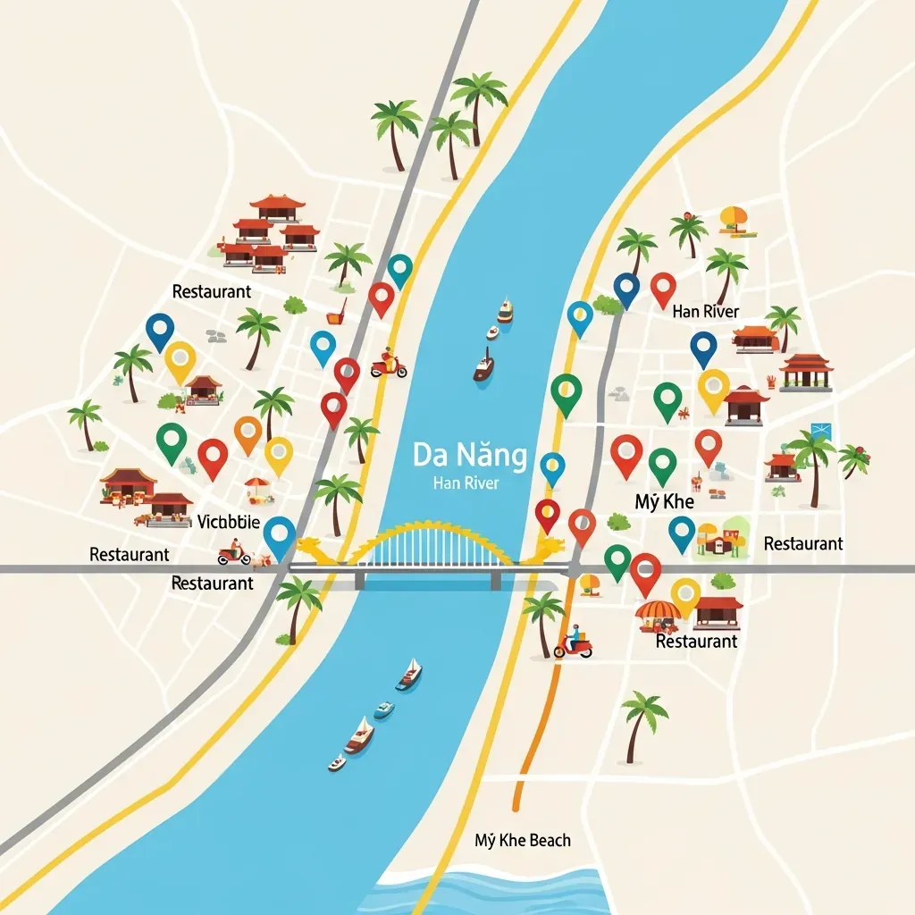Bản đồ minh họa hai cụm quán ăn ở Đà Nẵng quanh trung tâm và ven biển