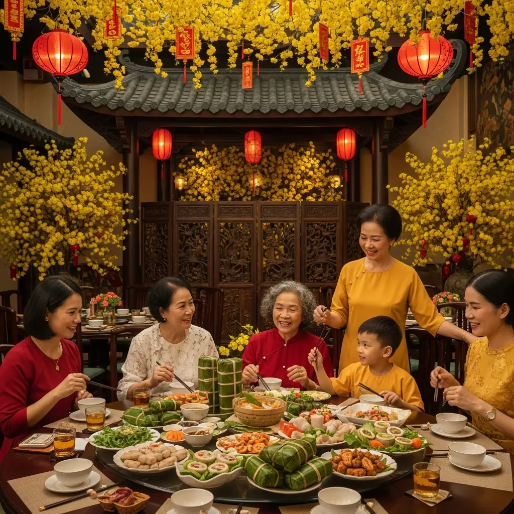 Gia đình Việt sum họp ăn Tết tại nhà hàng Đà Nẵng trang trí mai vàng đèn lồng