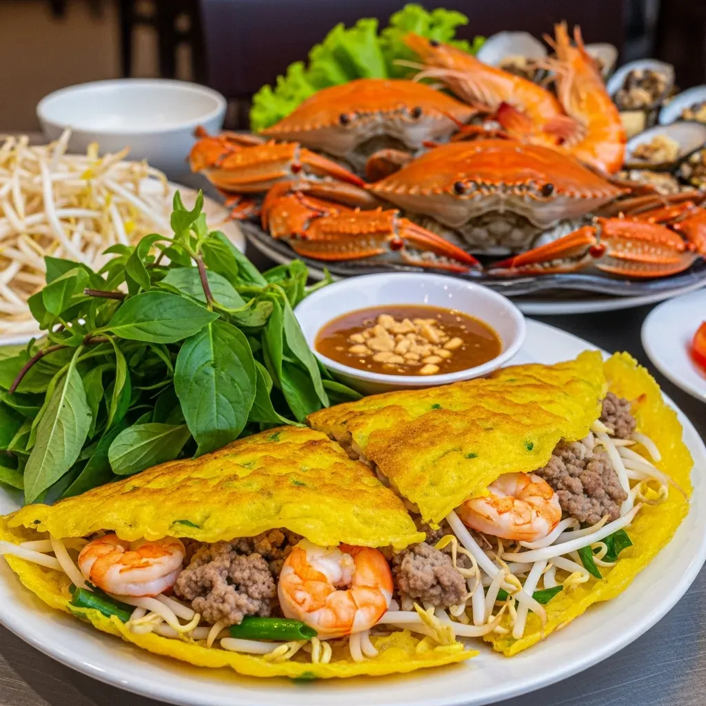 Bánh xèo vàng giòn và đĩa hải sản tươi tại quán Đà Nẵng