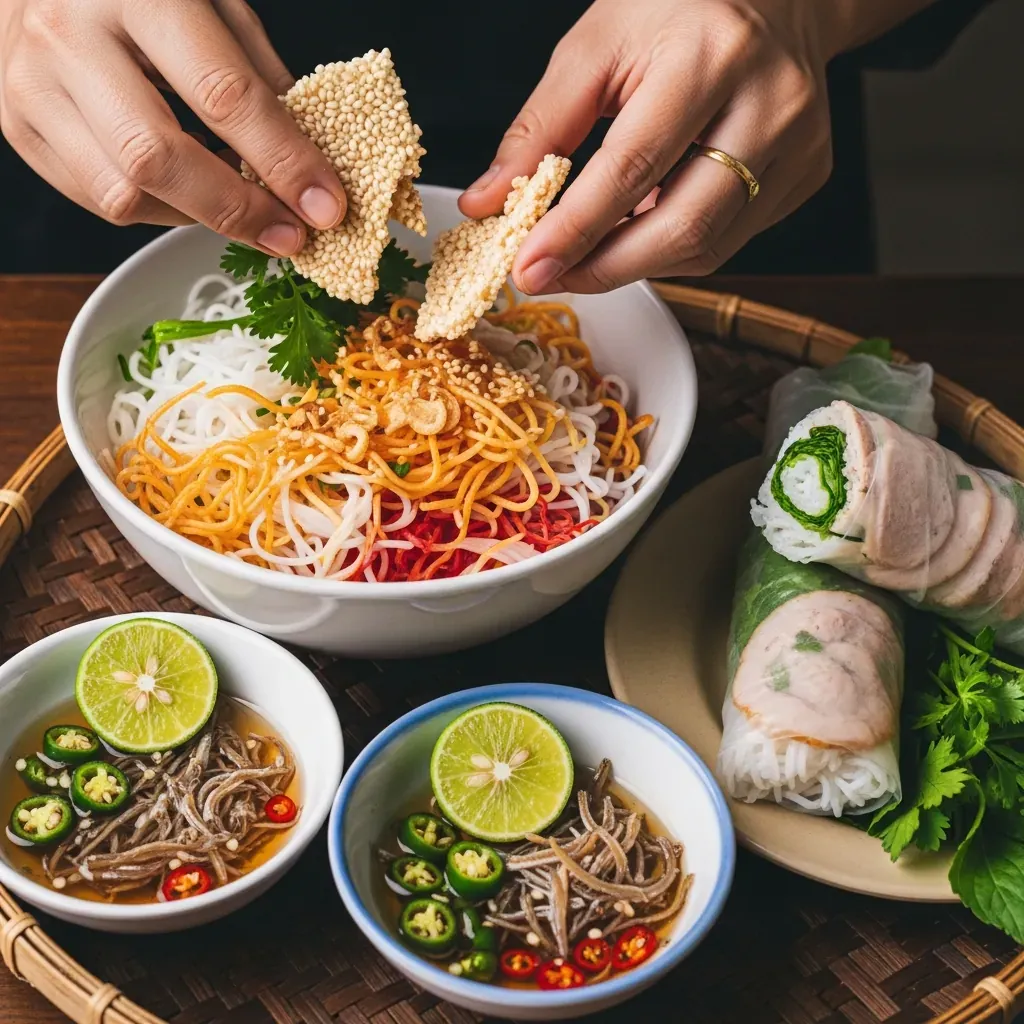 Cách trộn mì Quảng và cuốn bánh tráng thịt heo chấm mắm nêm