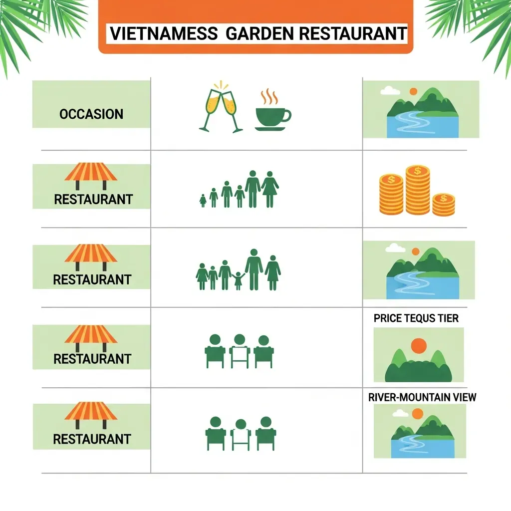 Hình minh họa so sánh các quán sân vườn theo dịp, sức chứa và giá