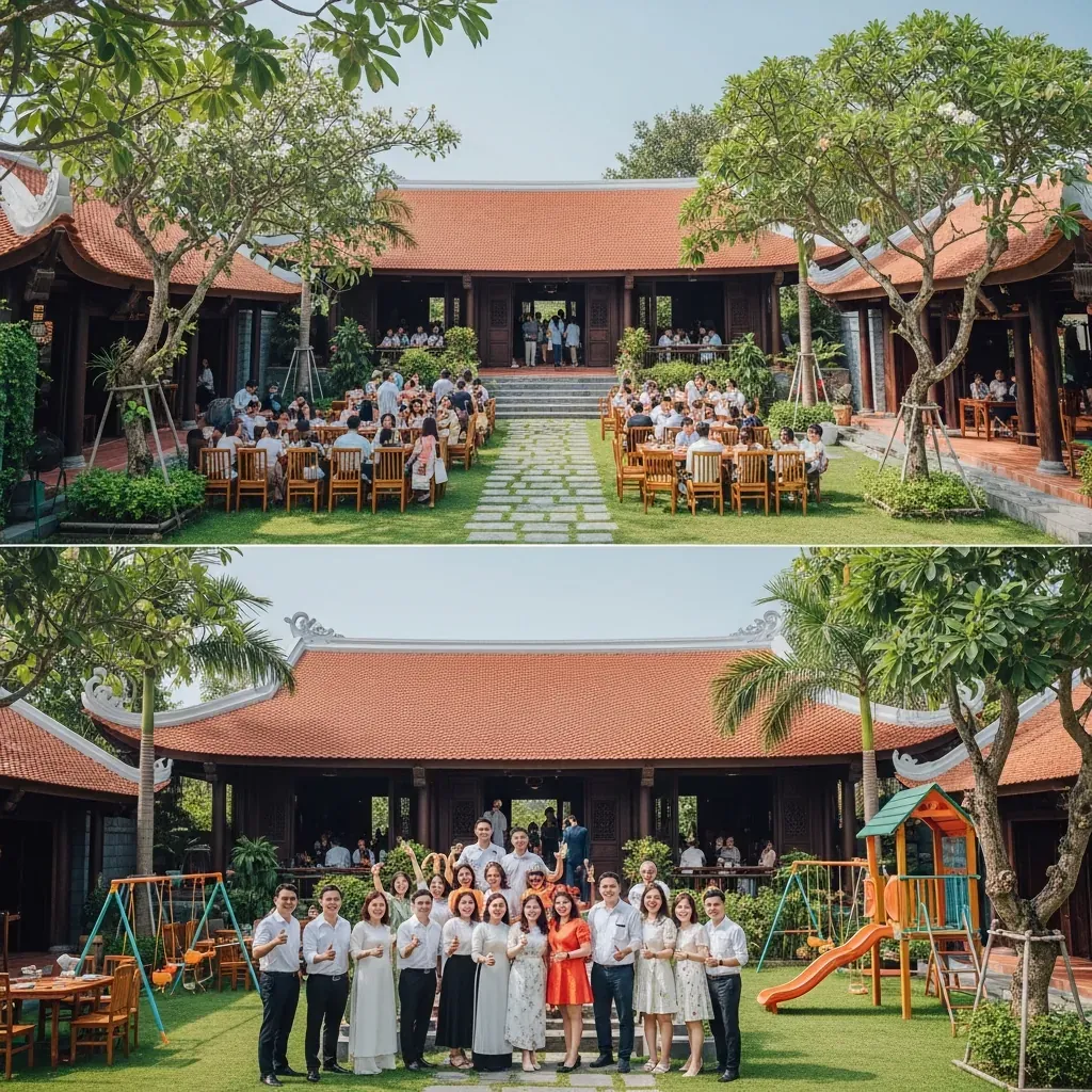 Không Gian Xưa rộng rãi với nhà cổ và khu vui chơi trẻ em