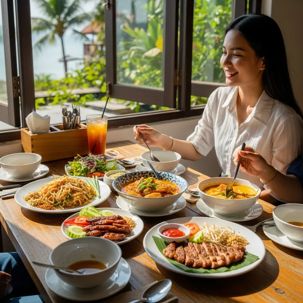 Ba món Thái hấp dẫn trên bàn gỗ tại quán ăn Đà Nẵng gần biển