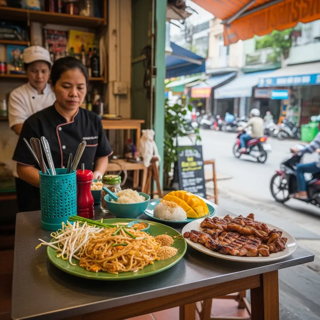 Món Pad Thai và xôi xoài tại quán Kin Kin Thai Food gần biển