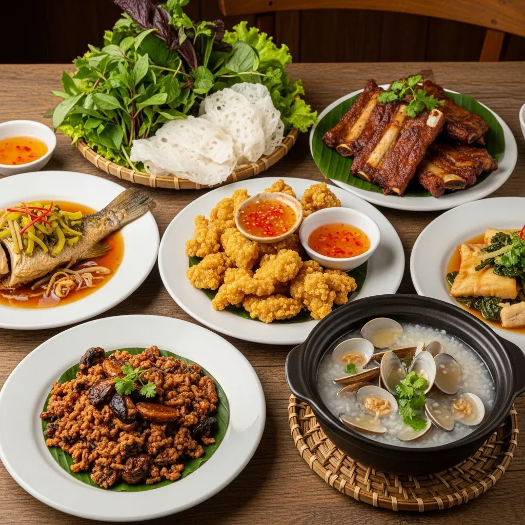 Bàn tiệc quán nhậu với nhiều món đặc sắc: lươn xào, sụn gà chiên mắm, cá bớp kho, cháo nghêu, sườn nướng.