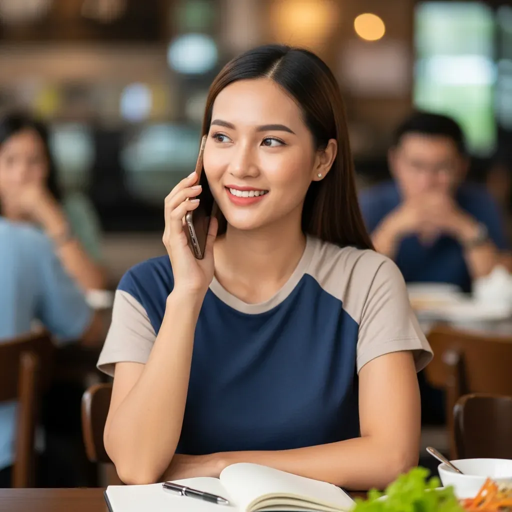 Cô gái Việt Nam đang gọi điện thoại đặt bàn, tay cầm sổ ghi chú, hậu cảnh quán nhậu mờ.