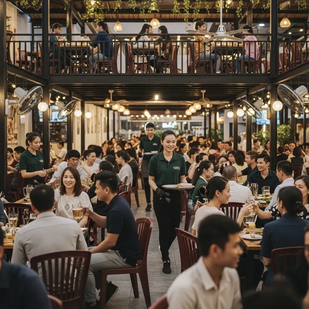 Không gian quán nhậu hai tầng đông nghẹt thực khách Việt Nam đang chuyện trò, cụng ly.