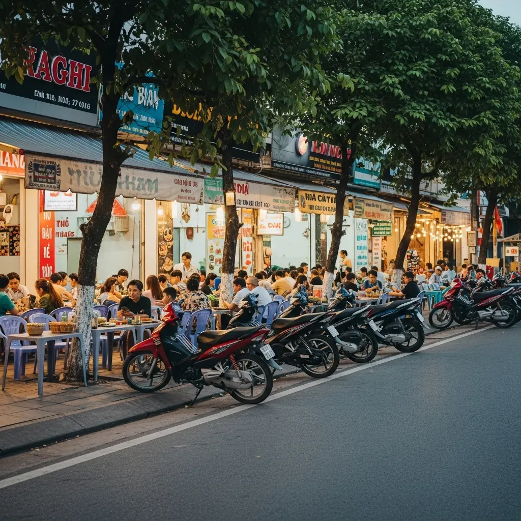 Khung cảnh đường Hàm Nghi nhộn nhịp lúc chiều tối, nhiều quán ăn vỉa hè, thực khách địa phương.