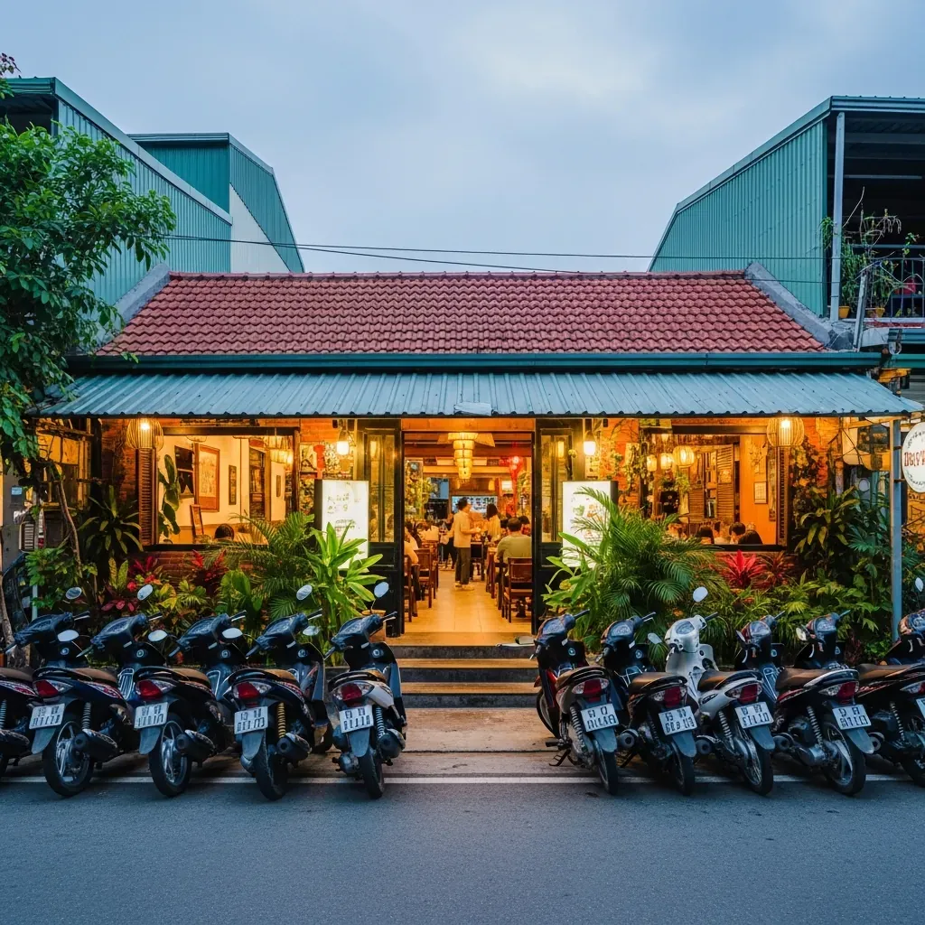 Mặt tiền quán 9 Đích trên đường Hàm Nghi, hàng xe máy xếp dọc, kiến trúc nhà ống đặc trưng.