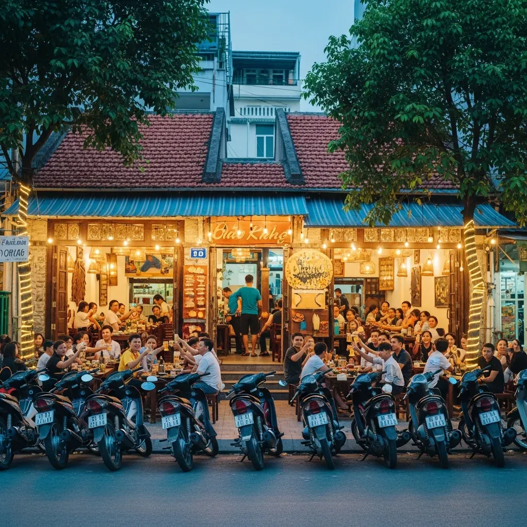 Mặt tiền quán nhậu đông khách ở Đà Nẵng lúc chiều tối, nhiều xe máy đỗ trước quán, không khí náo nhiệt.
