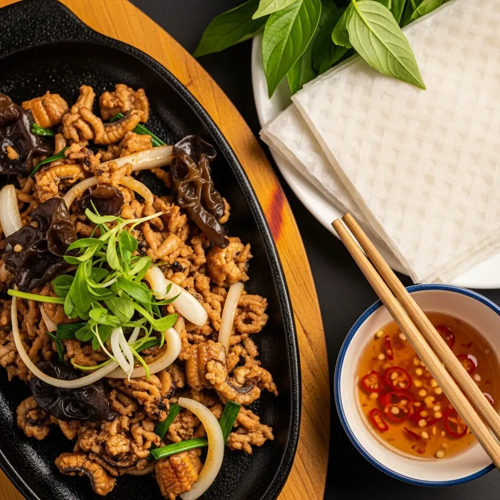 Món lươn xào băm nấm mèo cuốn bánh tráng đặc trưng, chụp từ trên cao.