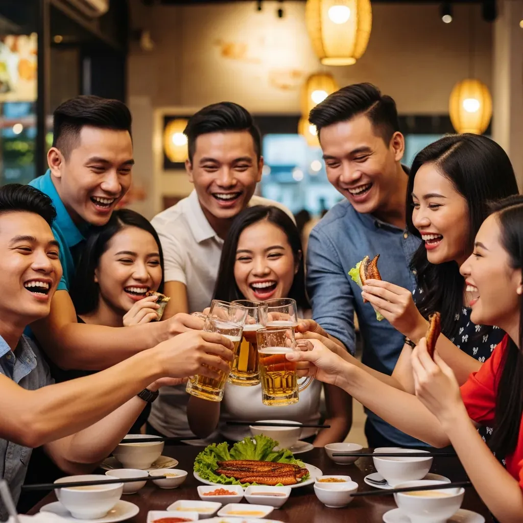 Nhóm bạn trẻ Việt Nam đang vui vẻ nhậu, cụng ly bia và cuốn bánh tráng lươn xào.