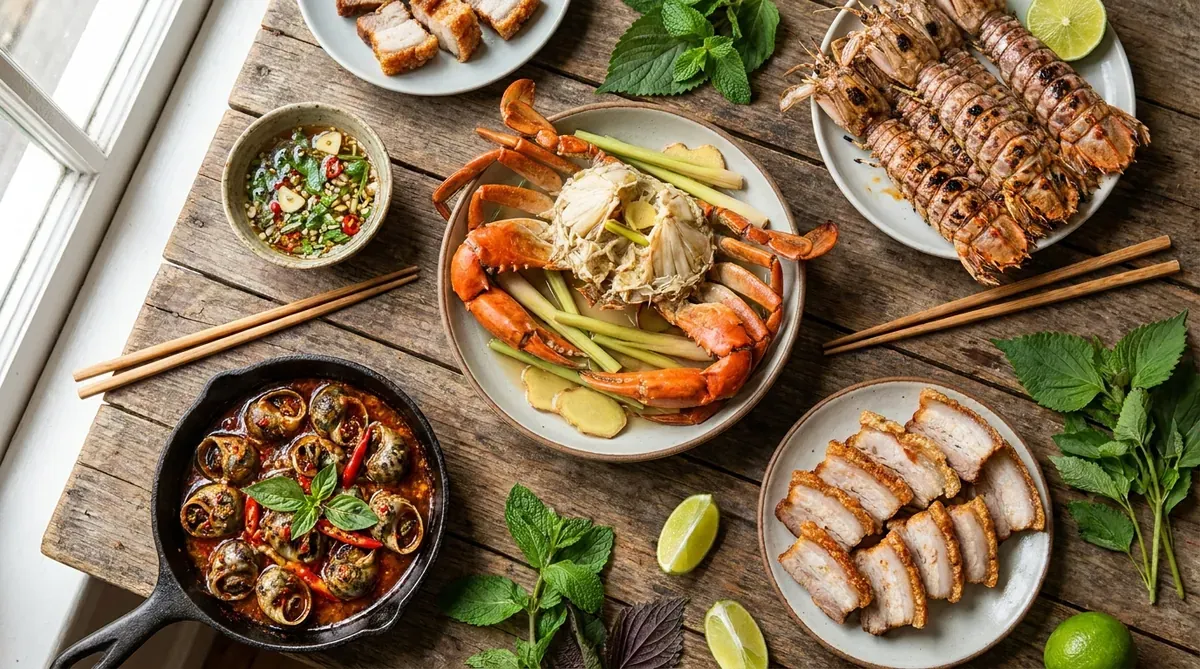 Bàn tiệc hải sản tươi sống đa dạng món: cua hấp sả, tôm tít nướng, ốc xào, thịt ba chỉ giòn, kèm rau thơm.