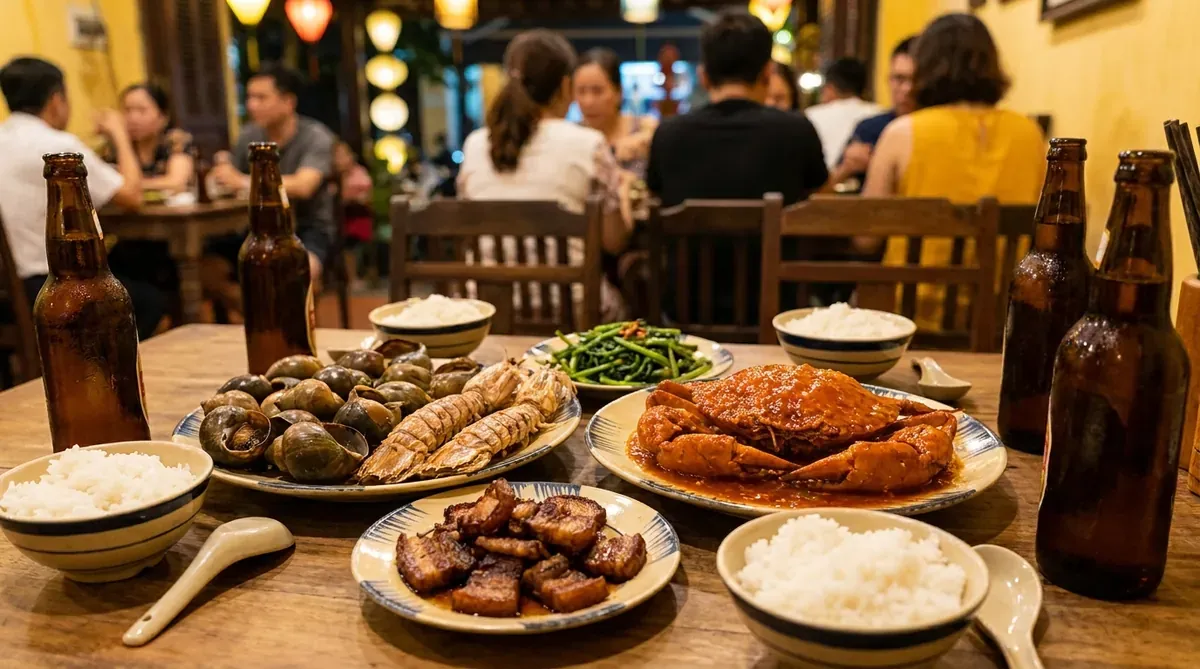 Combo 4 người gợi ý: ốc hương hấp, tôm tít nướng, cua sốt ớt Singapore, ba chỉ giòn, rau muống xào tỏi, cơm và bia.