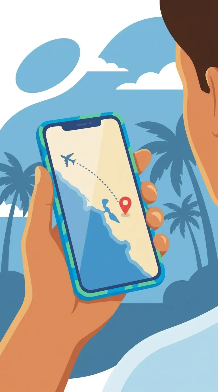 Điện thoại thông minh hiển thị bản đồ chỉ đường đến quán A Xữ từ sân bay, điểm đánh dấu màu đỏ.