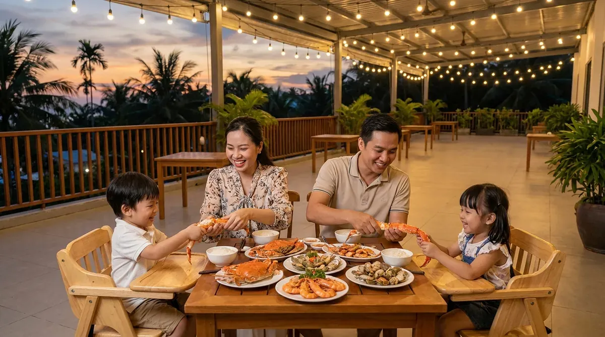 Gia đình Việt với hai con nhỏ cùng thưởng thức hải sản tại không gian thoáng mát của A Xữ.