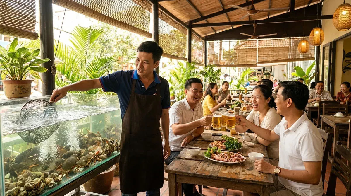Không gian quán A Xữ thoáng đãng với bể hải sản sống, nhân viên đang chọn hải sản, thực khách trò chuyện rôm rả.