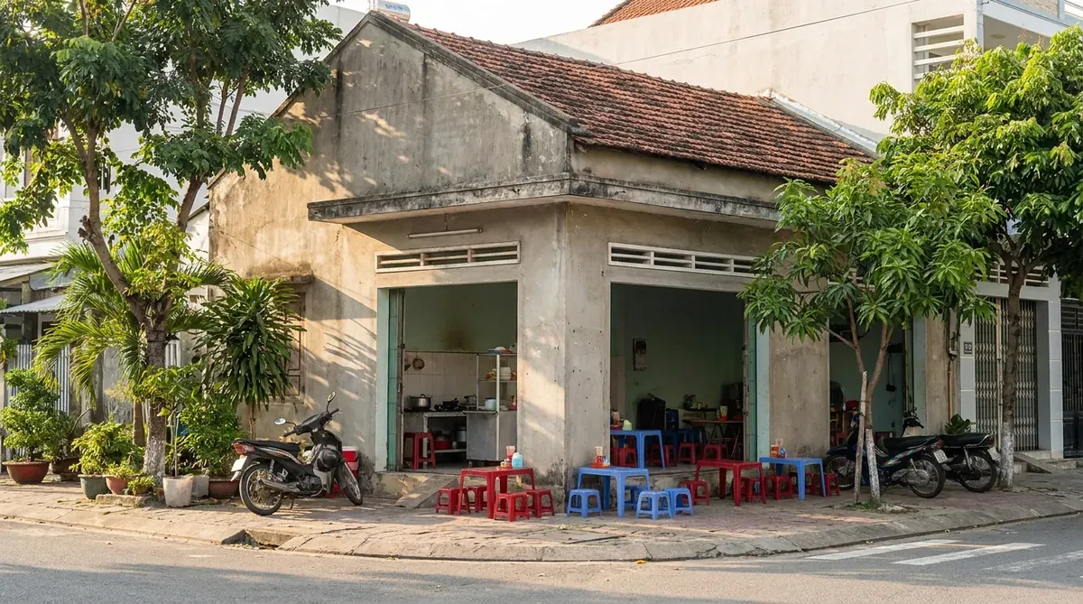 Mặt tiền quán hải sản A Xữ nằm ở góc phố Phước Mỹ, kiến trúc nhà ống đơn giản, không gian mở gần gũi.