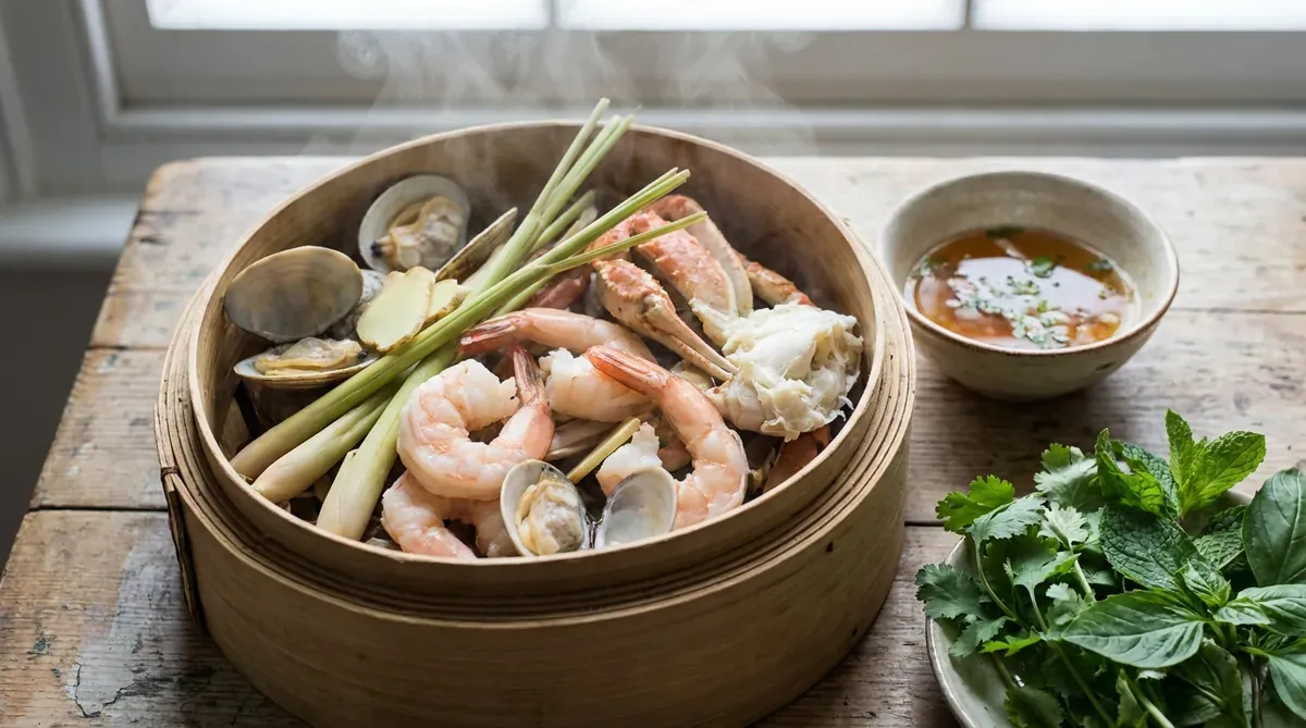 Món hải sản hấp sả gừng không cay, tôm cua trắng tươi, bốc khói nghi ngút, kèm nước chấm gừng.