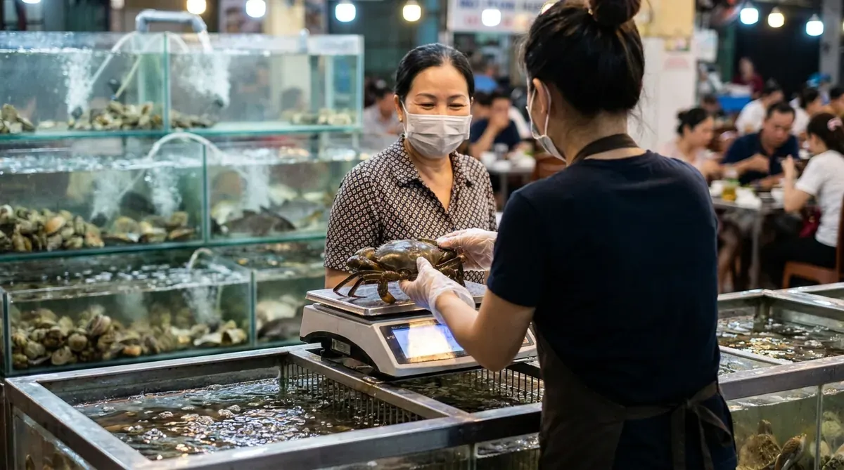 Nhân viên A Xữ cân cua ngay trước mặt khách, màn hình cân điện tử hiển thị không có chữ số rõ ràng.