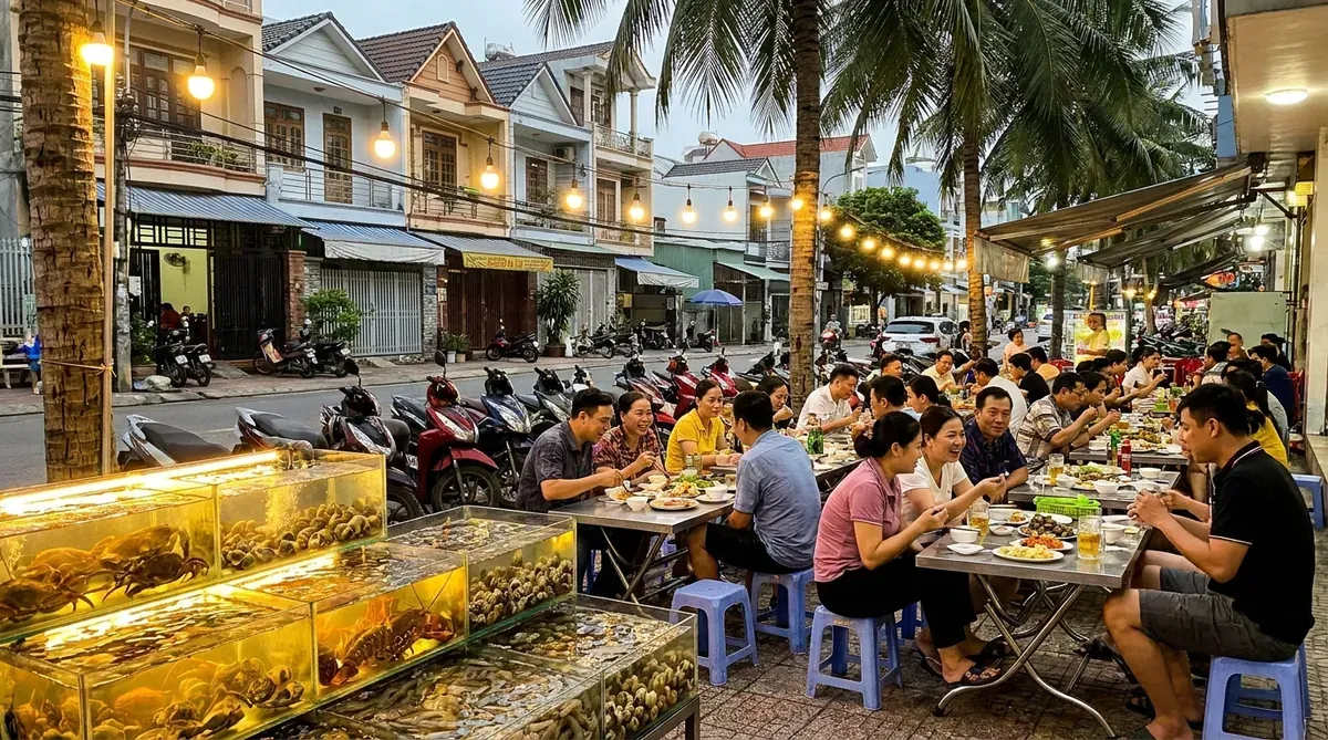 Quán nhậu hải sản A Xữ buổi tối đông khách, thực khách Việt Nam ngồi quây quần bên bàn nhựa, bể hải sản sống phía trước.