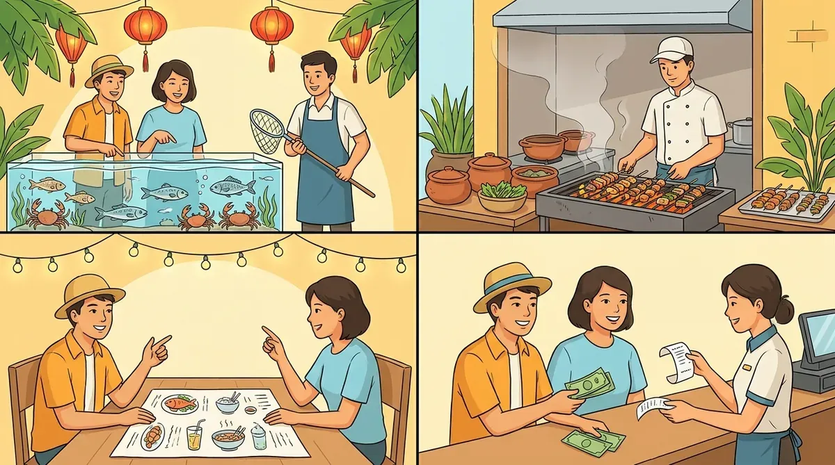 Sơ đồ 4 bước từ chọn hải sản, chế biến, gọi món đến thanh toán bằng tiền mặt tại quán A Xữ.