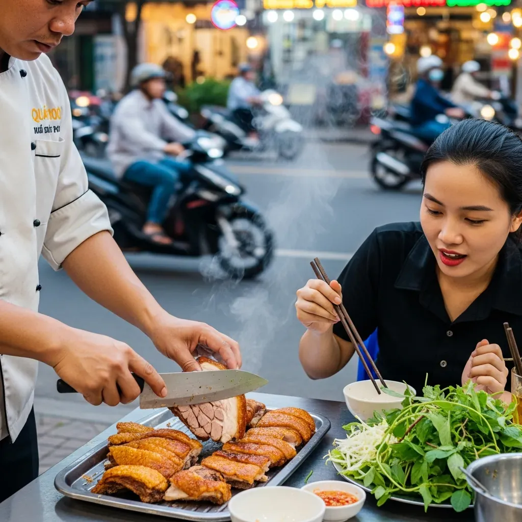 Cảnh cắt thịt bê thui sống động tại quán 100 Điện Biên Phủ, khách đang háo hức xem đầu bếp biểu diễn.