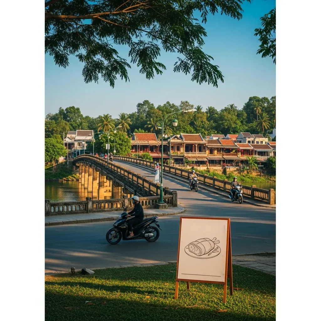 Cảnh cầu Câu Lâu cũ bắc qua sông Thu Bồn, làng Cầu Mống yên bình với nhà ngói đỏ và cây cối xanh tốt.