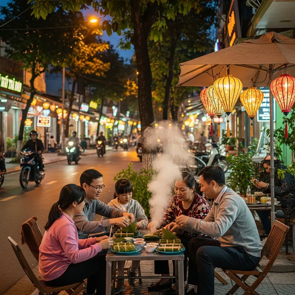 Cảnh đường phố Đà Nẵng mát mẻ, một gia đình người Việt đang thưởng thức bê thui nóng hổi trên vỉa hè.