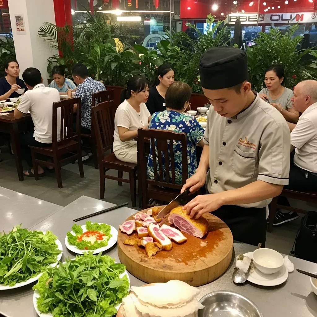 Đầu bếp quán Mười đang cắt thịt bê thui trên thớt, không khí quán sôi động với thực khách người Việt.