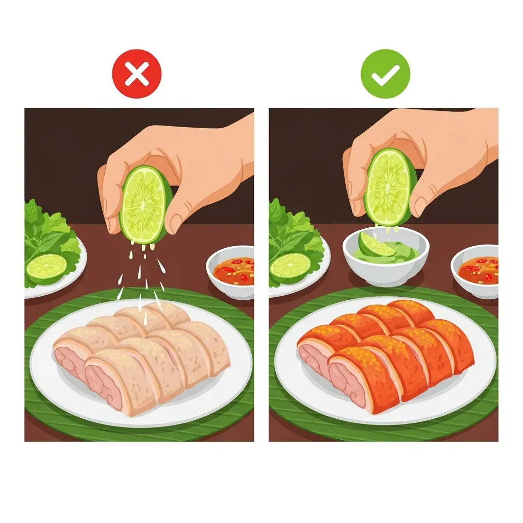 Hình minh họa so sánh cách vắt chanh: bên trái vắt trực tiếp lên thịt (dấu X), bên phải vắt vào chén mắm riêng (dấu tick).