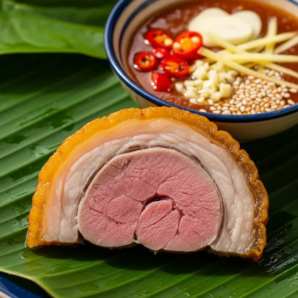 Lát thịt bê thui cắt mỏng với hai lớp rõ rệt: chín ngoài, hồng trong, da giòn vàng óng, kèm chén mắm nêm.