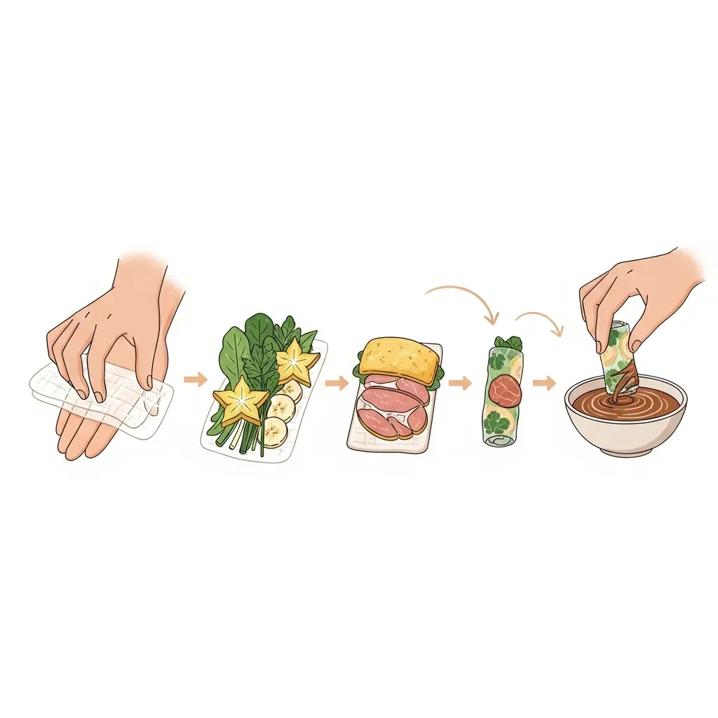 Minh họa các bước cuốn bê thui: trải bánh tráng, thêm rau, thịt, cuốn và chấm mắm nêm.