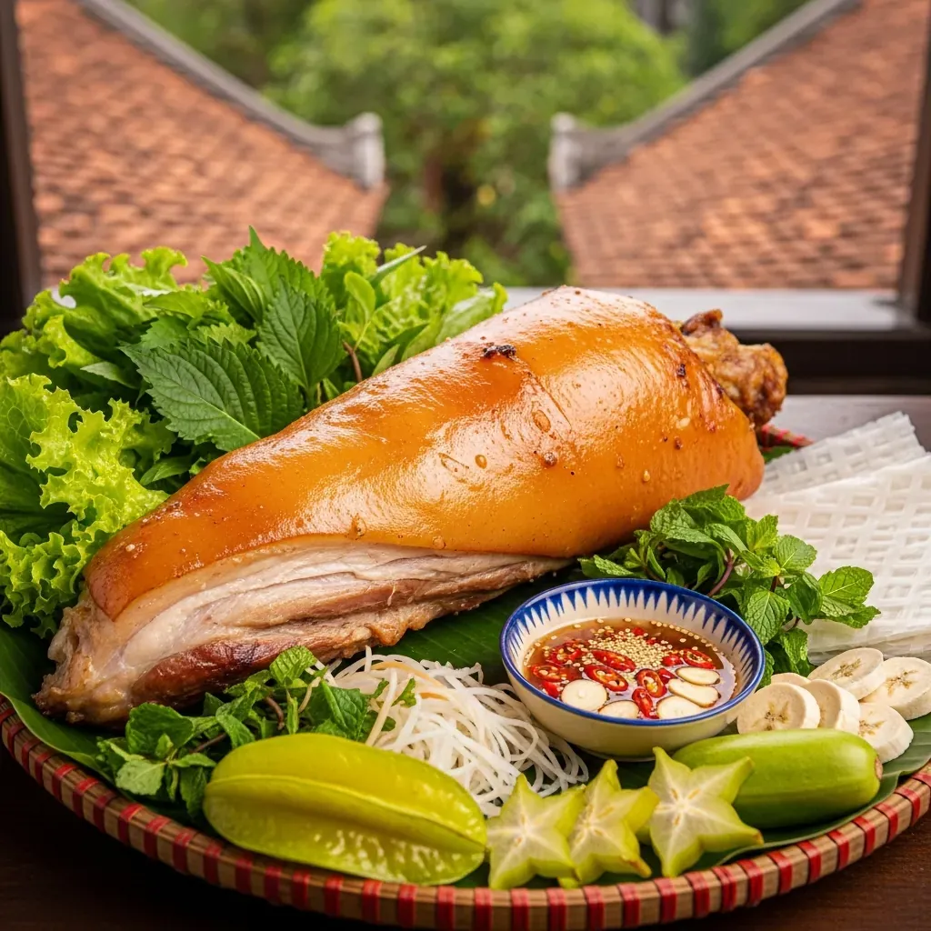 Một đĩa bê thui nguyên con da vàng giòn, thịt hồng tươi, kèm rau sống và bánh tráng trên mâm gỗ.