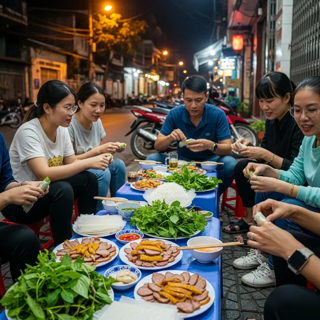 Nhóm bạn trẻ người Việt ngồi quán vỉa hè cuốn bê thui, không khí bình dân vui vẻ tại quán Dũng Cây Bàng.