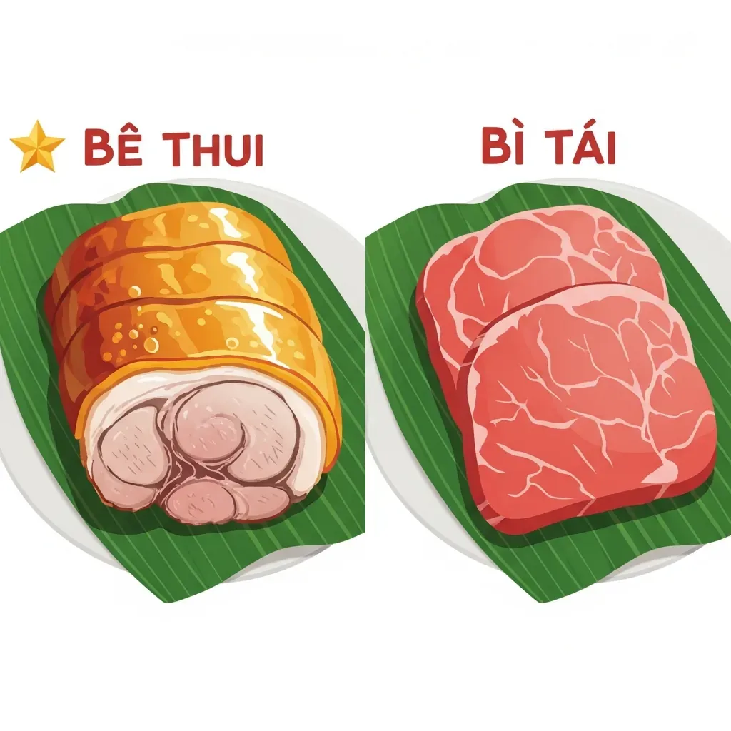 So sánh bê thui (trái) có da vàng giòn và hai lớp thịt, với bò tái (phải) không da, thịt đồng màu.