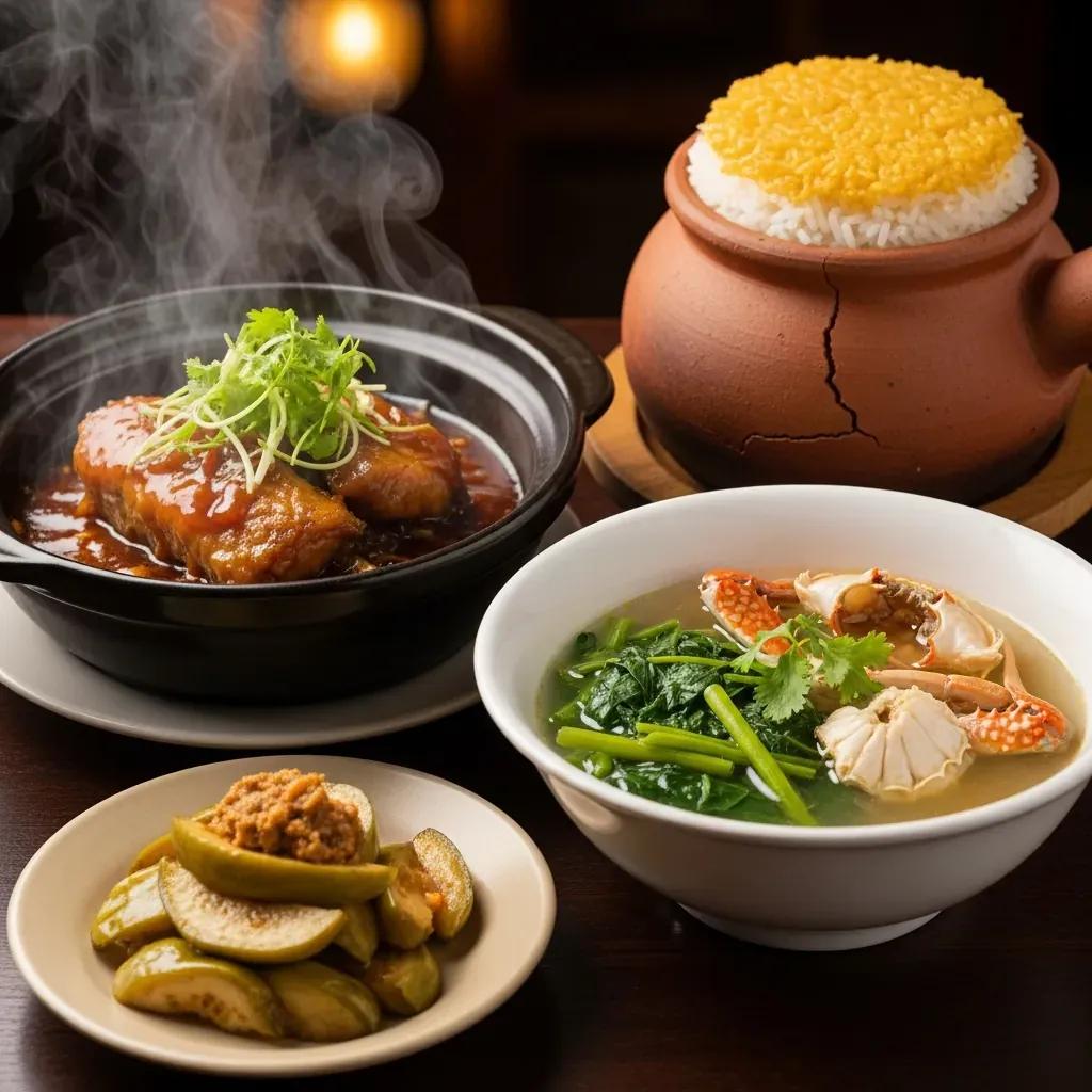 Cận cảnh ba món 'cứu tinh': cá kho tộ thơm phức, canh cua mồng tơi xanh mướt, cà pháo mắm tôm, bên cạnh niêu cơm cháy vàng.