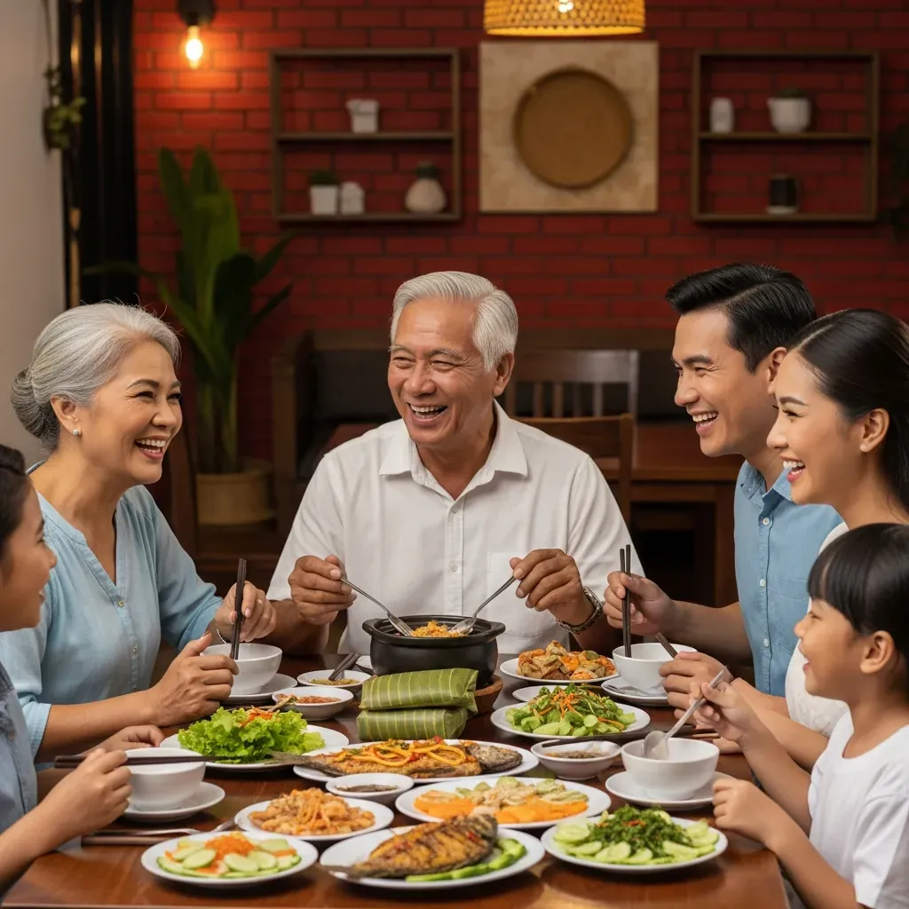 Gia đình Việt ba thế hệ cười vui vẻ bên bàn ăn tại nhà hàng, phía trước là món cơm niêu và các món ăn.