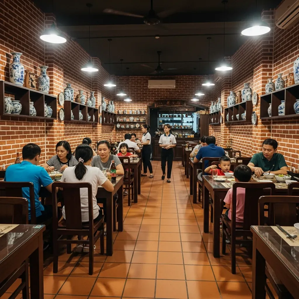 Không gian bên trong quán Cơm Niêu Nhà Đỏ với tường gạch đỏ thô, bình gốm Bát Tràng và bàn ghế gỗ, đông đúc thực khách Việt.