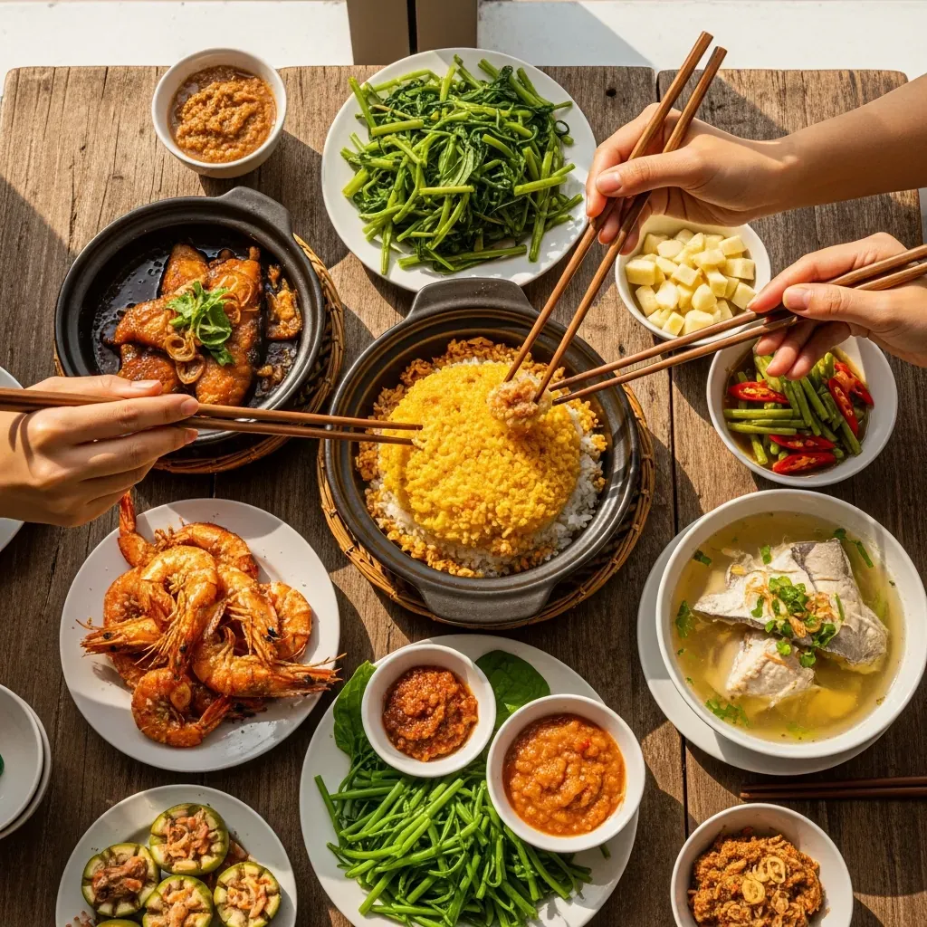 Mâm cơm gia đình gồm cơm niêu cháy vàng, cá kho tộ, tôm rang muối, canh chua cá lóc, rau luộc và cà pháo, đặt trên bàn gỗ.