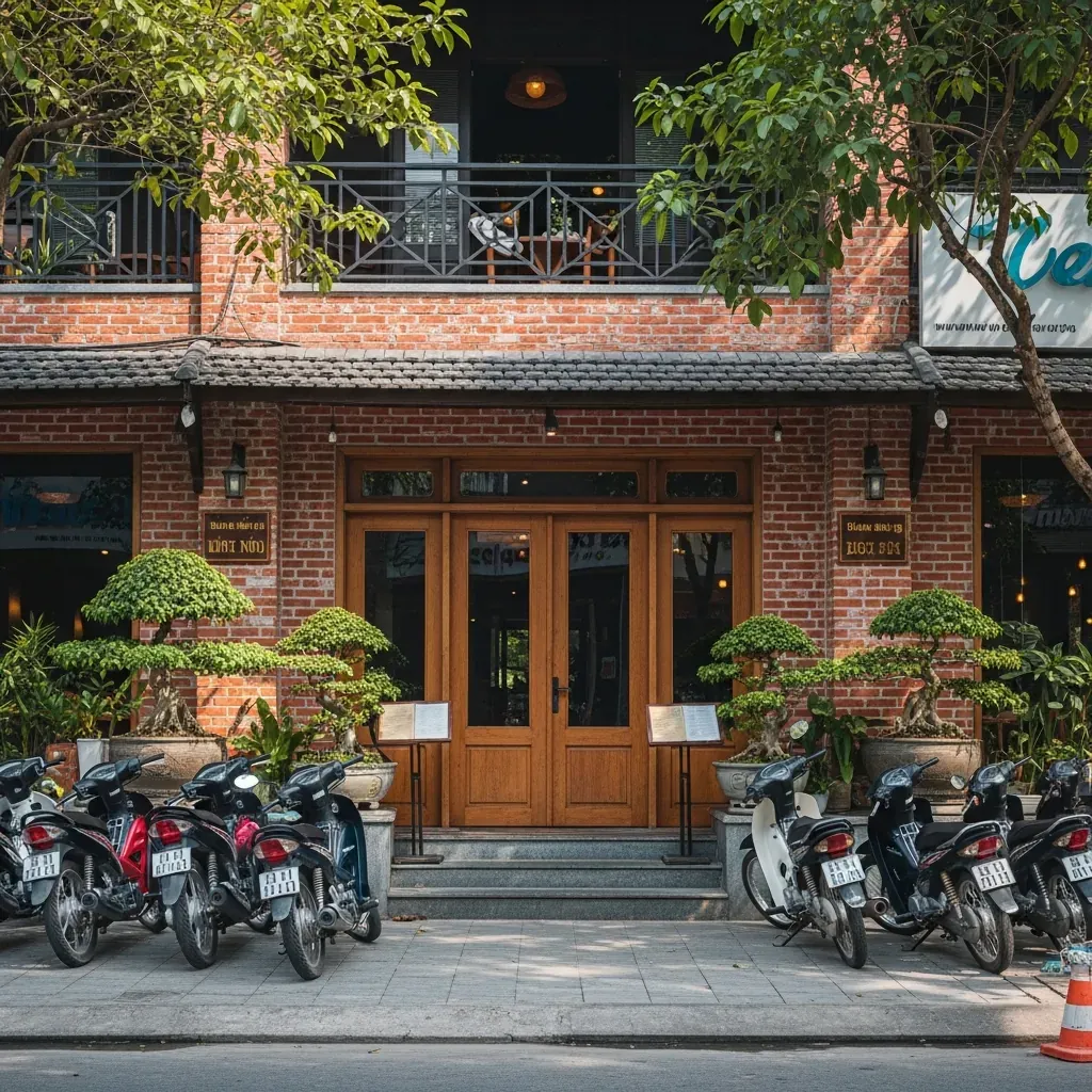 Mặt tiền nhà hàng Cơm Niêu Nhà Đỏ với kiến trúc ống đỏ đặc trưng, cây xanh và xe máy đậu phía trước tại Đà Nẵng.
