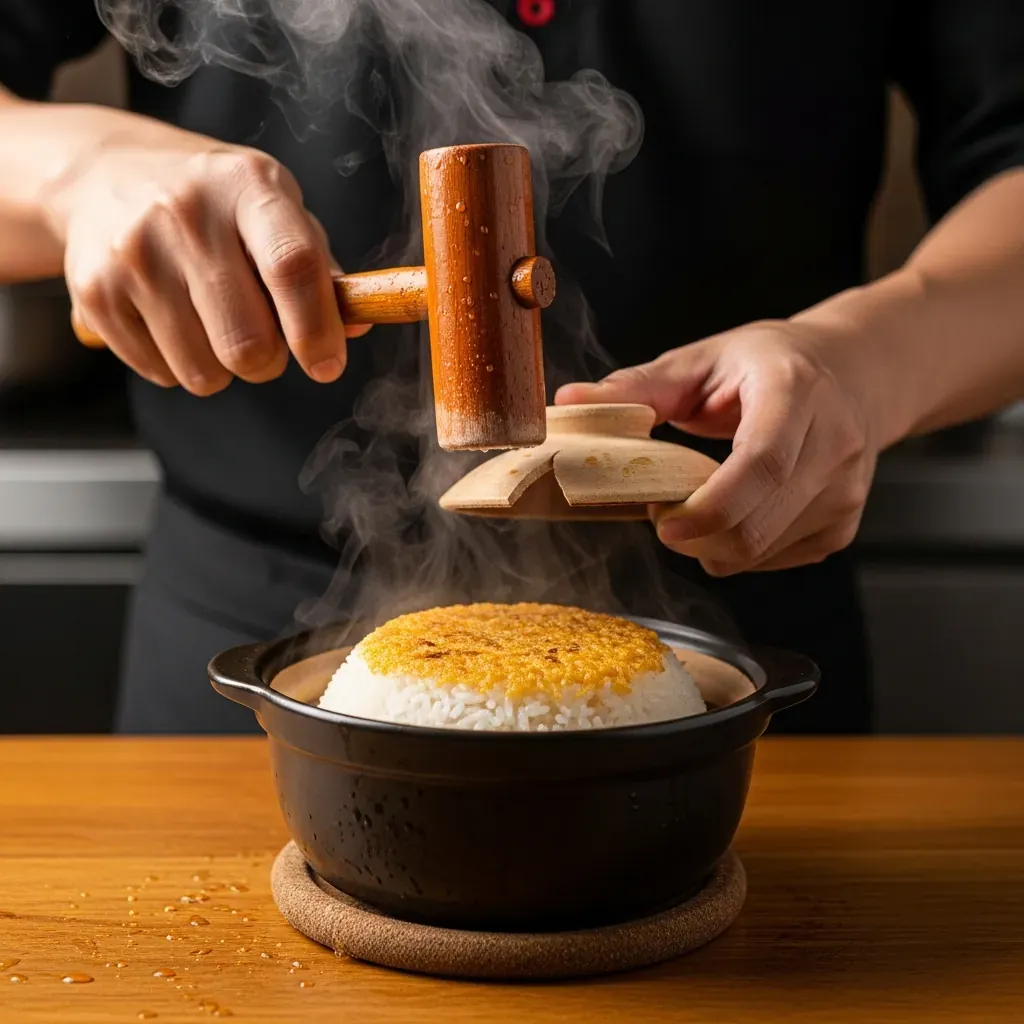 Nhân viên phục vụ người Việt dùng búa gỗ đập niêu đất, để lộ cơm trắng và lớp cháy vàng bên trong.