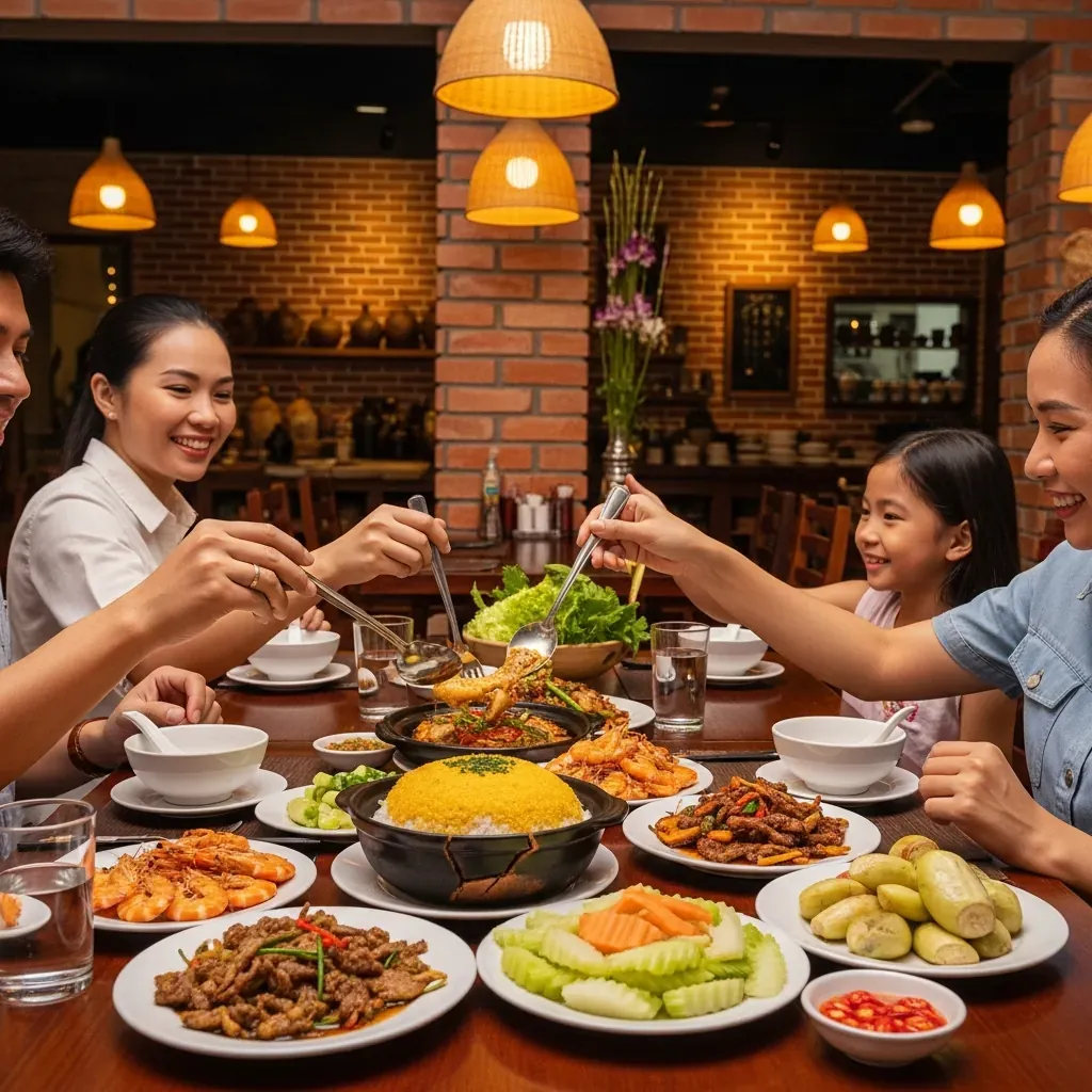 Toàn cảnh bữa ăn gia đình với niêu cơm, cá kho, tôm rang muối, rau luộc tại Cơm Niêu Nhà Đỏ, không gian tường gạch đỏ ấm áp.