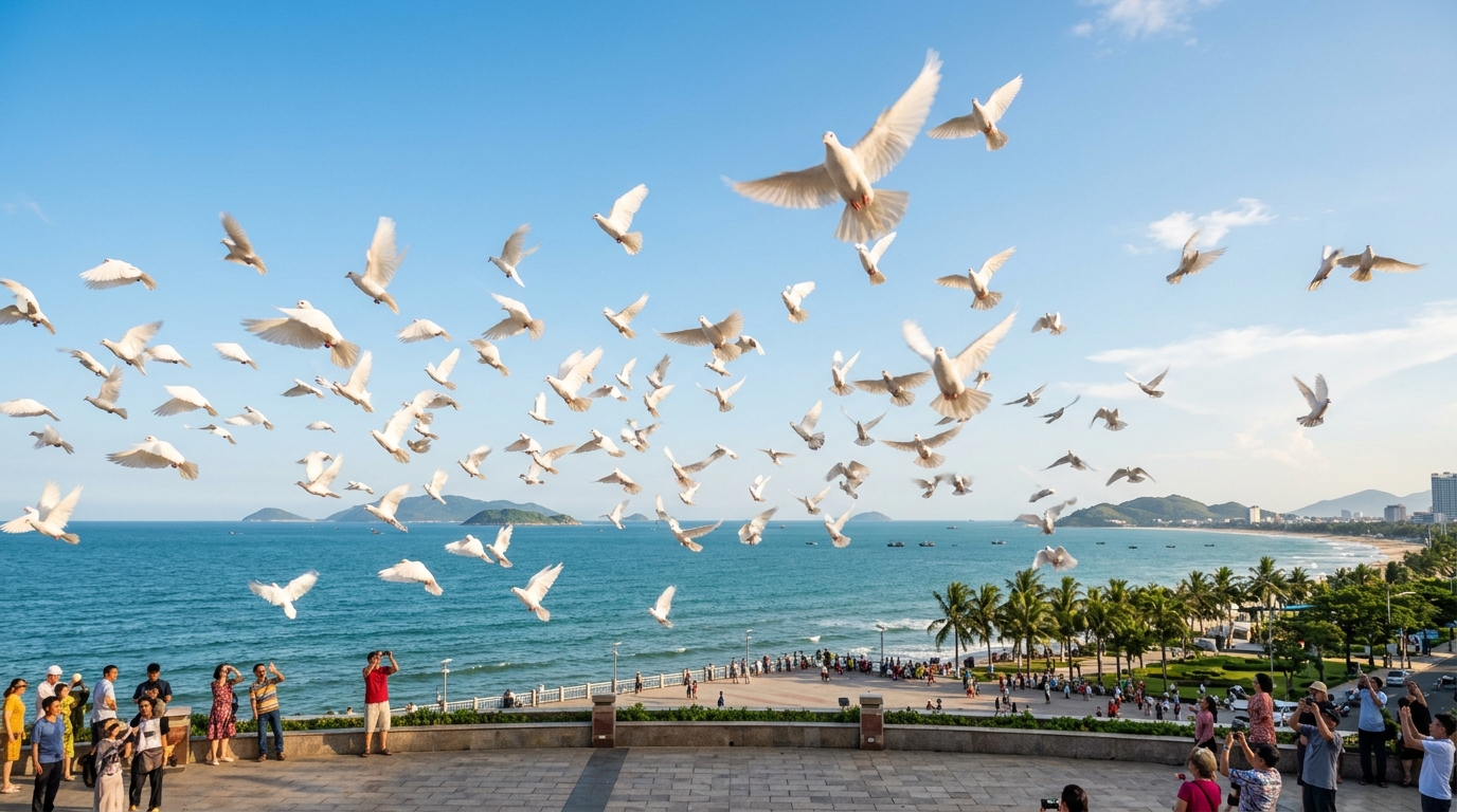Bức ảnh đàn bồ câu bay vút lên bầu trời với nền biển xanh