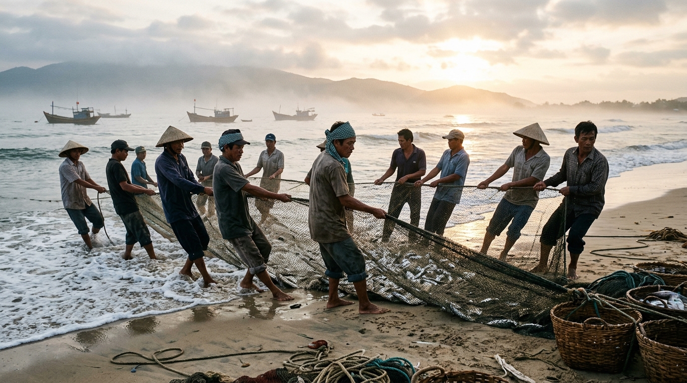 Cận cảnh ngư dân hò dô kéo lưới đón bình minh