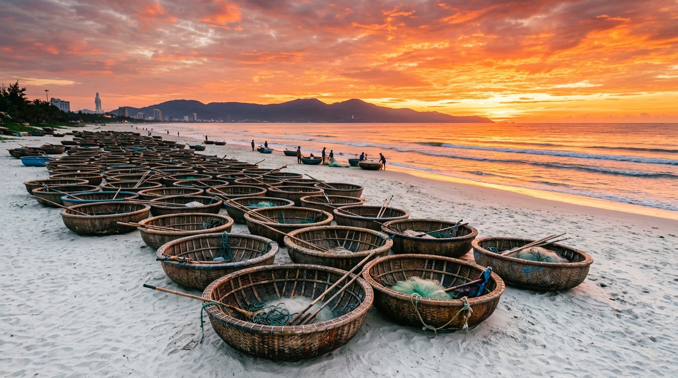 Hàng thuyền thúng ven biển T20 dưới ánh bình minh đỏ rực